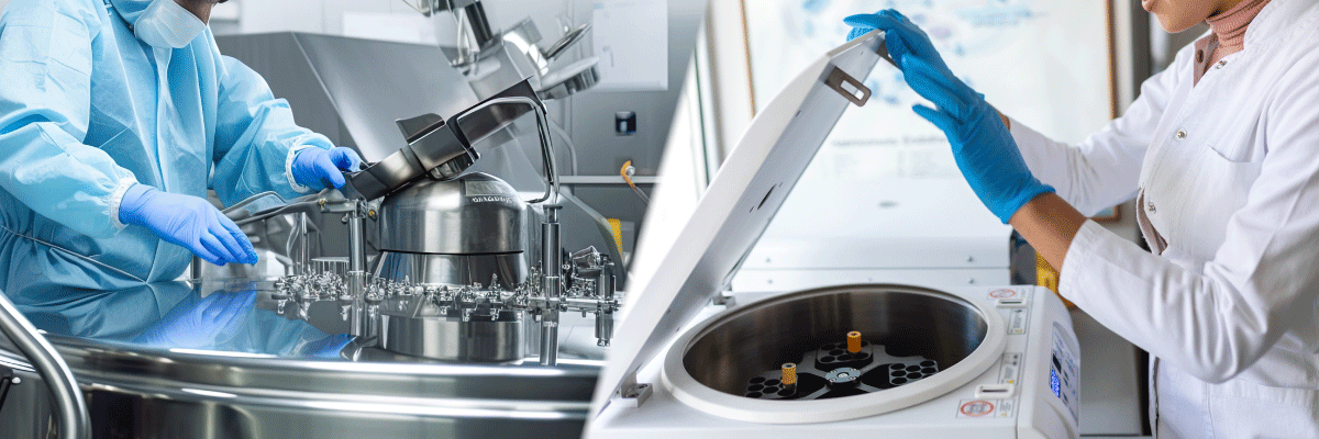 工業用遠心機と実験用遠心機のイメージ